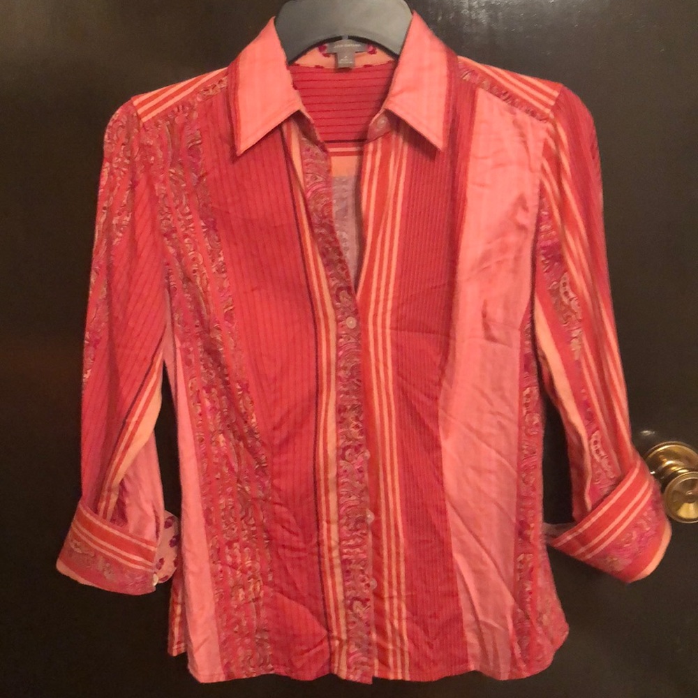 Ann Taylor Pink Paisley & Stripes 3/4 Sleeve Shirt